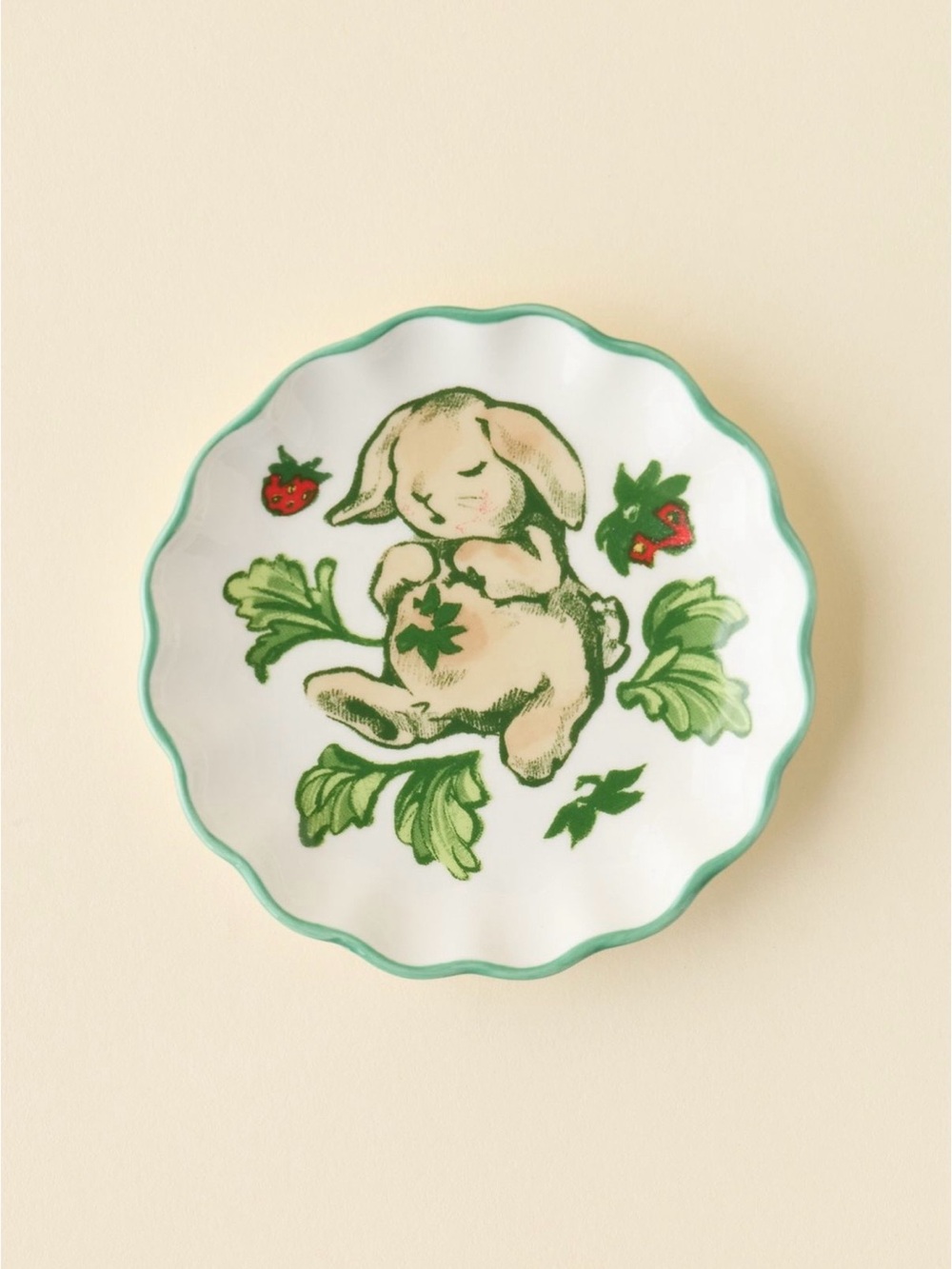 Icon Scalloped Ceramic Catch-All Dish with  Baby Bunny & Strawberry 🍓🐇 NWT